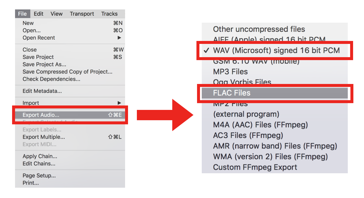 Two screenshots of Audacity, the first showing the 'export audio' option in the File menu, the other showing the list of supported audio formats.